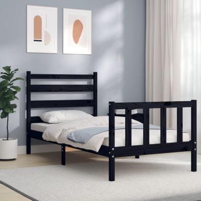 Cadru de pat cu tăblie Small Single, negru, lemn masiv GartenMobel Dekor