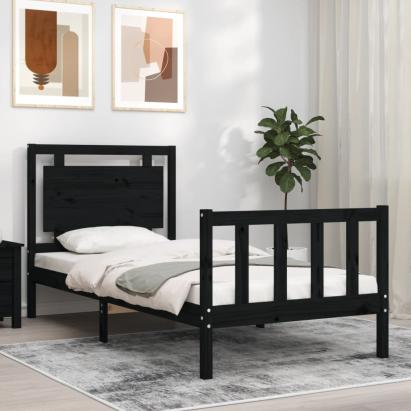 Cadru de pat cu tăblie Small Single, negru, lemn masiv GartenMobel Dekor