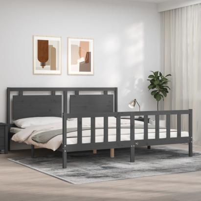 Cadru pat cu tăblie 200x200 cm, gri, lemn masiv GartenMobel Dekor