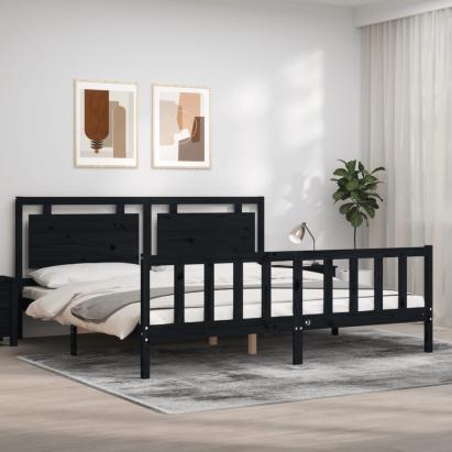Cadru pat cu tăblie 200x200 cm, negru, lemn masiv GartenMobel Dekor