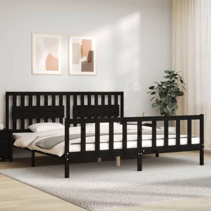 Cadru pat cu tăblie 200x200 cm, negru, lemn masiv GartenMobel Dekor