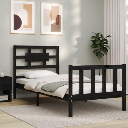 Cadru de pat cu tăblie Small Single, negru, lemn masiv GartenMobel Dekor