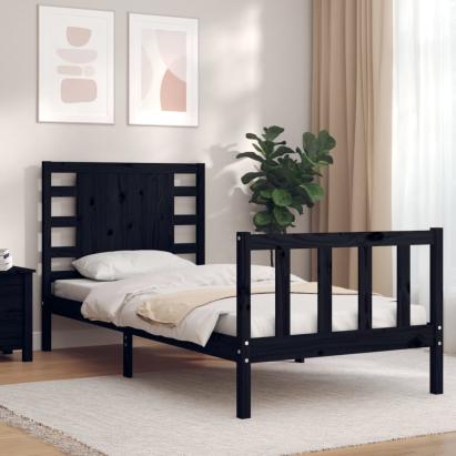 Cadru de pat cu tăblie Small Single, negru, lemn masiv GartenMobel Dekor