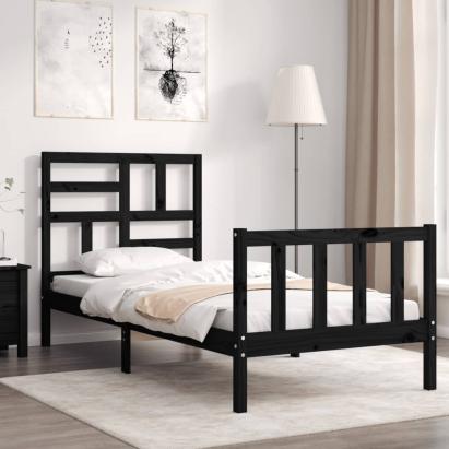 Cadru de pat cu tăblie Small Single, negru, lemn masiv GartenMobel Dekor