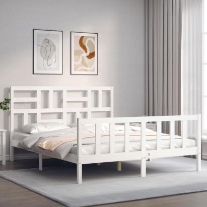 Cadru de pat cu tăblie, alb, king size, lemn masiv GartenMobel Dekor