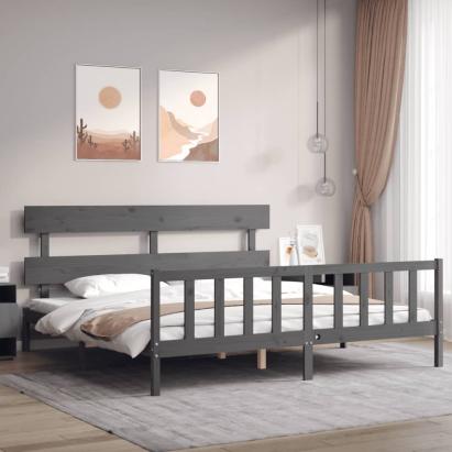 Cadru pat cu tăblie 200x200 cm, gri, lemn masiv GartenMobel Dekor
