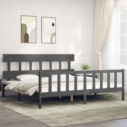 Cadru pat cu tăblie 200x200 cm, gri, lemn masiv GartenMobel Dekor