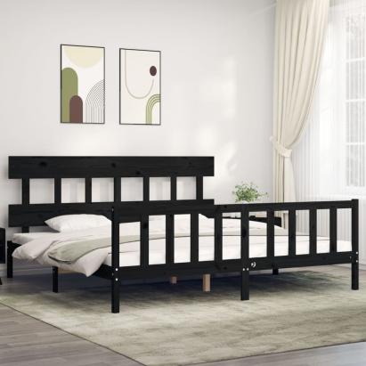 Cadru pat cu tăblie 200x200 cm, negru, lemn masiv GartenMobel Dekor