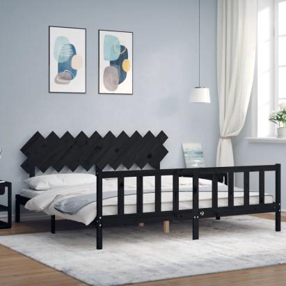 Cadru pat cu tăblie 200x200 cm, negru, lemn masiv GartenMobel Dekor