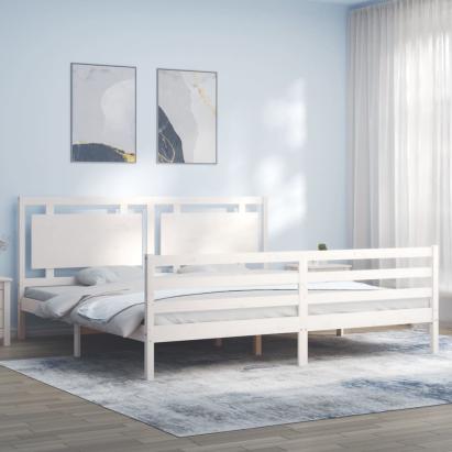 Cadru pat cu tăblie 200x200 cm, alb, lemn masiv GartenMobel Dekor