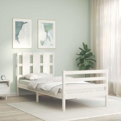 Cadru de pat cu tăblie single, alb, lemn masiv GartenMobel Dekor
