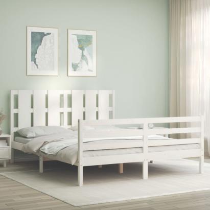 Cadru de pat cu tăblie, alb, king size, lemn masiv GartenMobel Dekor