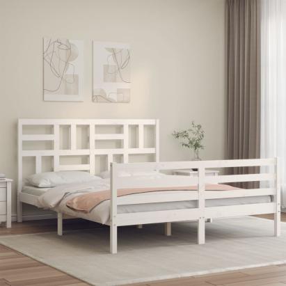 Cadru de pat cu tăblie, alb, king size, lemn masiv GartenMobel Dekor