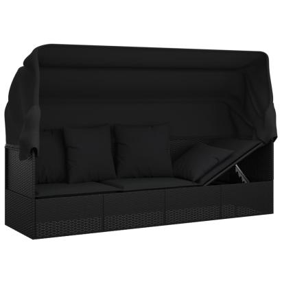 Pat șezlong de exterior cu acoperiș și perne, negru, poliratan GartenMobel Dekor