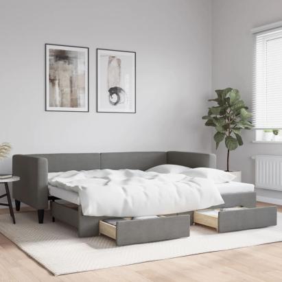 Pat de zi cu extensie și sertare, gri închis, 90x190cm, textil GartenMobel Dekor