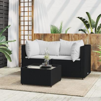 Set mobilier de grădină cu perne, 3 piese, negru, poliratan GartenMobel Dekor