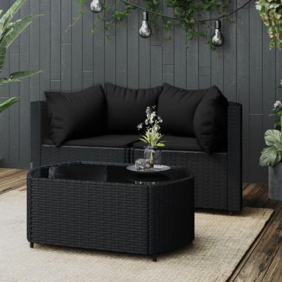 Set mobilier de grădină cu perne, 3 piese, negru, poliratan GartenMobel Dekor
