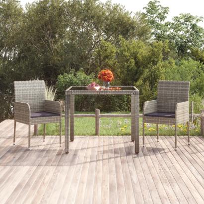 Masă de grădină cu blat din sticlă, gri, 90x90x75 cm, poliratan GartenMobel Dekor