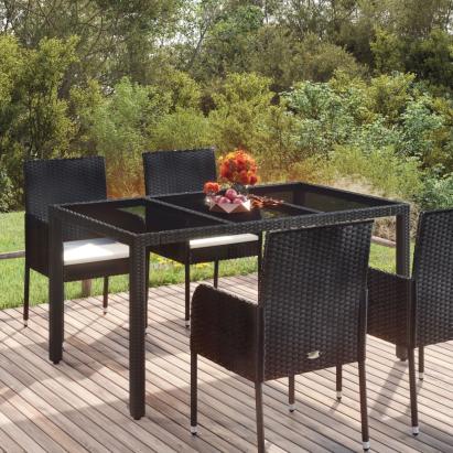 Masă grădină cu blat din sticlă, negru, 150x90x75 cm, poliratan GartenMobel Dekor