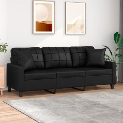Canapea cu 3 locuri cu pernuțe, negru, 180 cm, piele ecologică GartenMobel Dekor