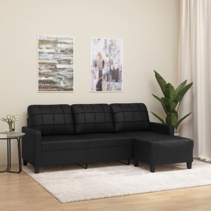 Canapea cu 3 locuri și taburet, negru, 180 cm, piele ecologică GartenMobel Dekor