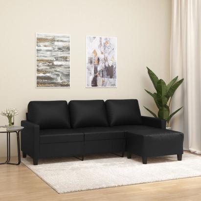 Canapea cu 3 locuri și taburet, negru, 180 cm, piele ecologică GartenMobel Dekor