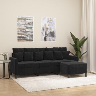 Canapea cu 3 locuri și taburet, negru, 180 cm, catifea GartenMobel Dekor