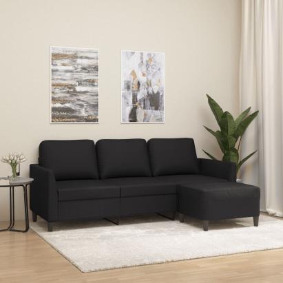 Canapea cu 3 locuri și taburet, negru, 180 cm, piele ecologică GartenMobel Dekor