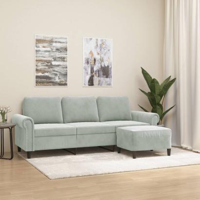 Canapea cu 3 locuri și taburet, gri deschis, 180 cm, catifea GartenMobel Dekor