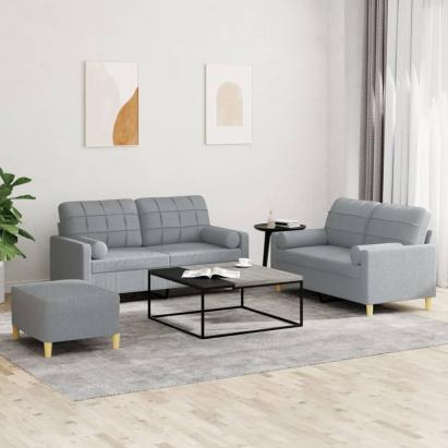 Set de canapele cu perne, 3 piese, gri deschis, textil GartenMobel Dekor