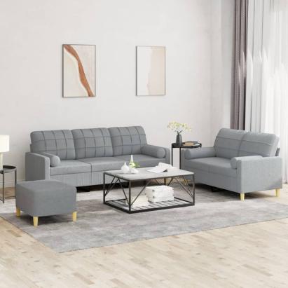 Set de canapele cu perne, 3 piese, gri deschis, textil GartenMobel Dekor