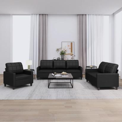 Set de canapele cu perne, 3 piese, negru, piele ecologică GartenMobel Dekor