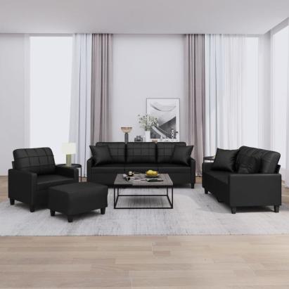 Set de canapele cu perne, 4 piese, negru, piele ecologică GartenMobel Dekor
