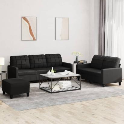 Set de canapele cu perne, 3 piese, negru, piele ecologică GartenMobel Dekor