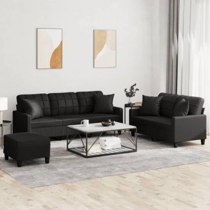 Set de canapele cu perne, 3 piese, negru, piele ecologică GartenMobel Dekor