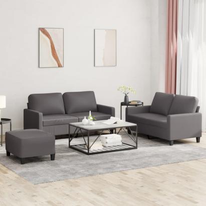 Set de canapele cu perne, 3 piese, gri, piele ecologică GartenMobel Dekor