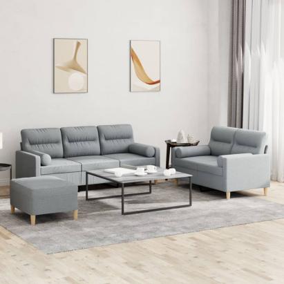 Set de canapele cu perne, 3 piese, gri deschis, textil GartenMobel Dekor