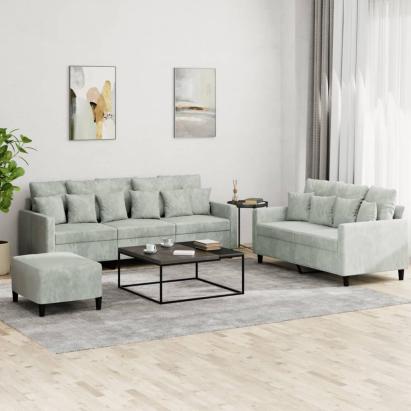Set de canapele cu perne, 3 piese, gri deschis, catifea GartenMobel Dekor