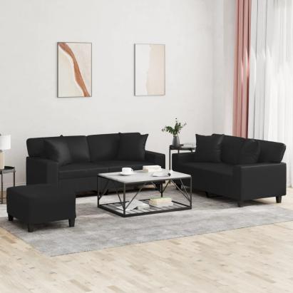 Set de canapele cu perne, 3 piese, negru, piele ecologică GartenMobel Dekor
