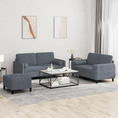 Set canapea cu perne, 3 piese, gri închis, catifea GartenMobel Dekor