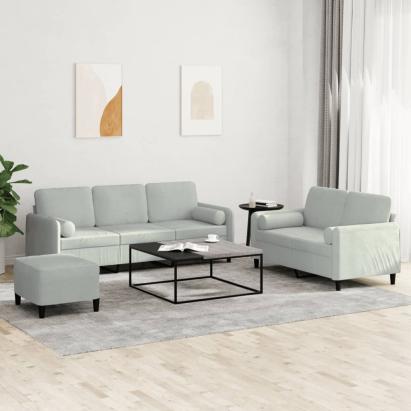 Set de canapele, 3 piese, cu perne, gri deschis, catifea GartenMobel Dekor