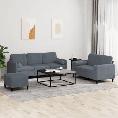Set canapea cu perne, 3 piese, gri închis, catifea GartenMobel Dekor