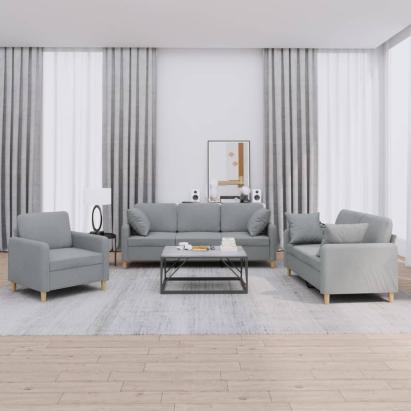 Set de canapele cu perne, 3 piese, gri deschis, textil GartenMobel Dekor