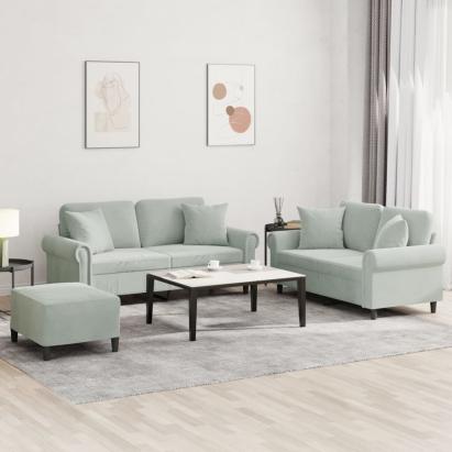 Set de canapele, 3 piese, cu perne, gri deschis, catifea GartenMobel Dekor