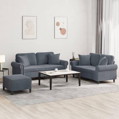 Set canapea cu perne, 3 piese, gri închis, catifea GartenMobel Dekor