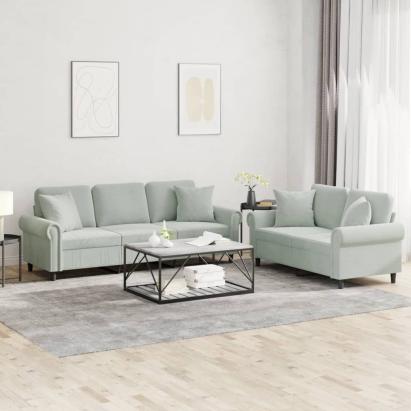 Set canapea 2 piese cu perne, gri deschis, catifea GartenMobel Dekor