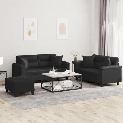 Set de canapele cu perne, 3 piese, negru, piele ecologică GartenMobel Dekor