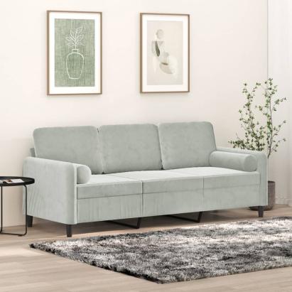Canapea cu 3 locuri cu pernuțe, gri deschis, 180 cm, catifea GartenMobel Dekor