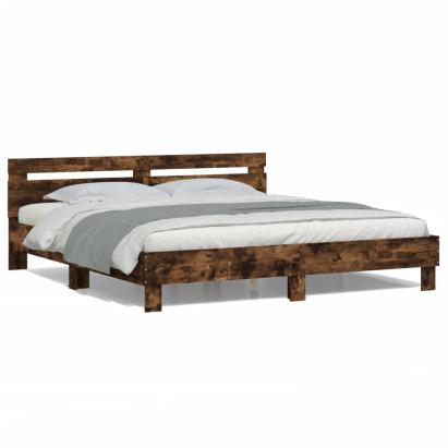 Cadru de pat cu tăblie și LED, stejar fumuriu, 200x200 cm GartenMobel Dekor
