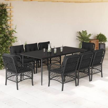 Set mobilier de grădină cu perne, 9 piese, negru, poliratan GartenMobel Dekor